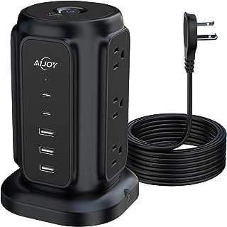 AiJoy 6.5 FT Ultra Thin Extension Cord, 1200J Surge Protector, Charging Station with 9 Outlets and 5 USB Port (2 USB-C) - HD Photos
